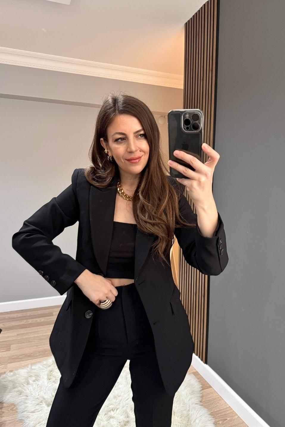 Belden Oturtmalı Astarlı Blazer Ceket Siyah