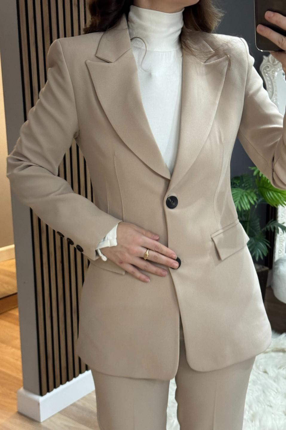 Belden Oturtmalı Astarlı Blazer Ceket Taş