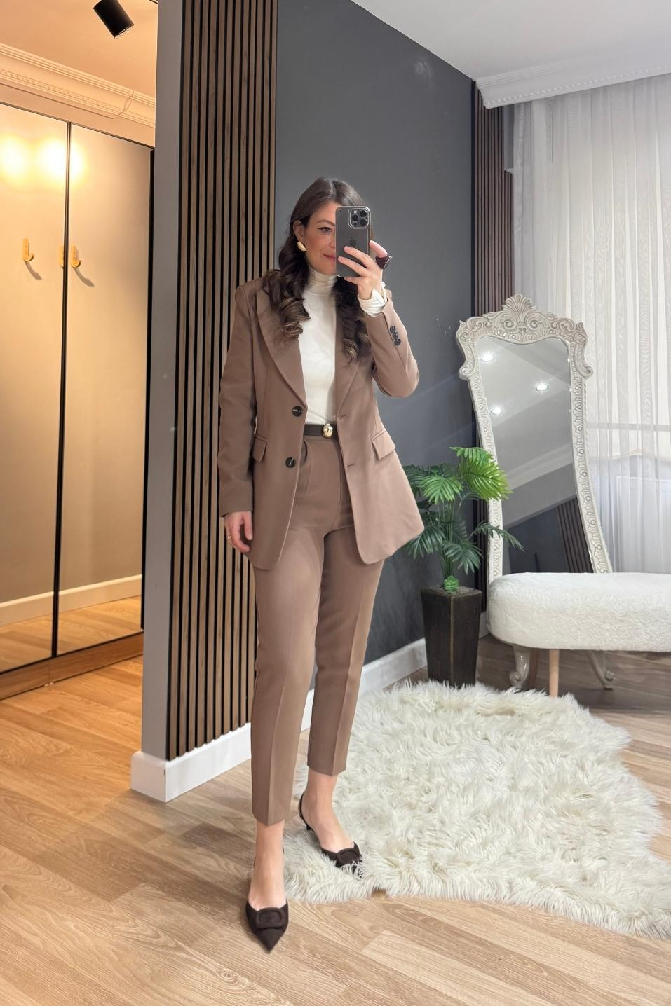 Belden Oturtmalı Astarlı Blazer Ceket Açık Kahve
