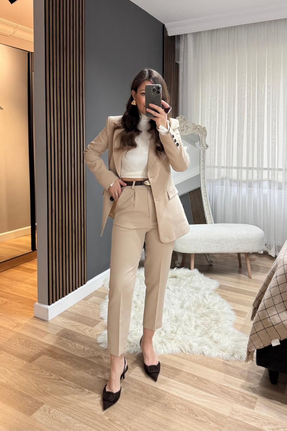 Belden Oturtmalı Astarlı Blazer Ceket Taş