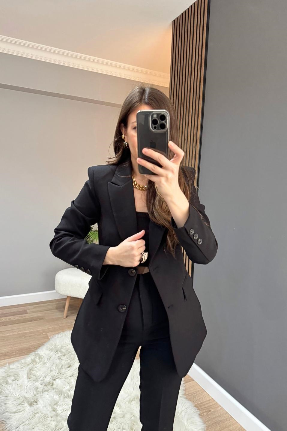 Belden Oturtmalı Astarlı Blazer Ceket Siyah