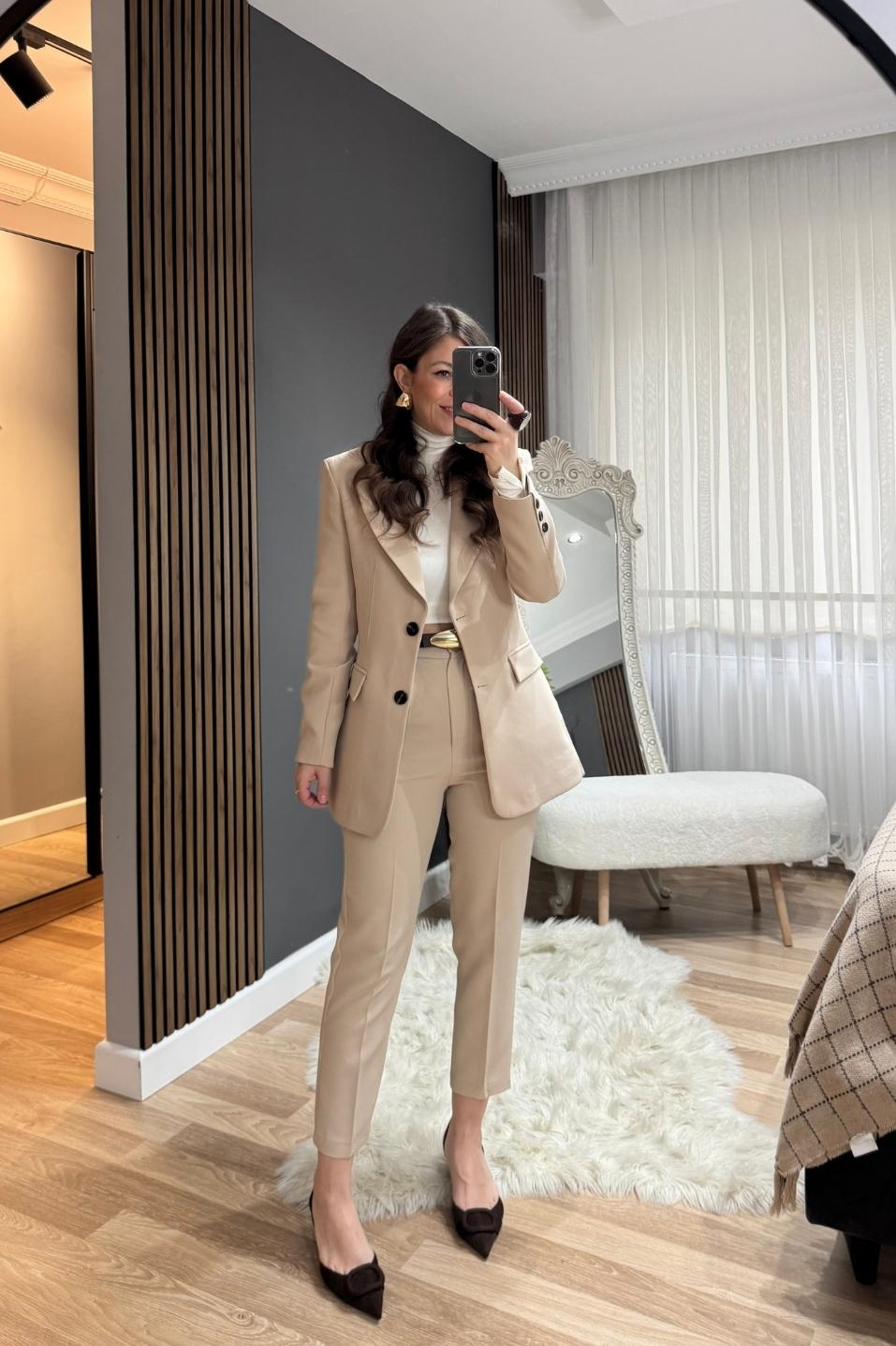 Belden Oturtmalı Astarlı Blazer Ceket Taş