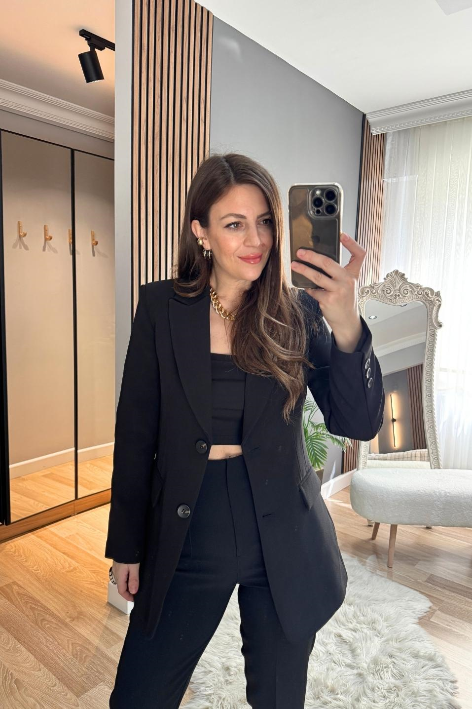 Belden Oturtmalı Astarlı Blazer Ceket Siyah