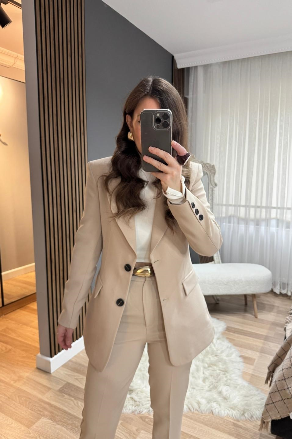 Belden Oturtmalı Astarlı Blazer Ceket Taş