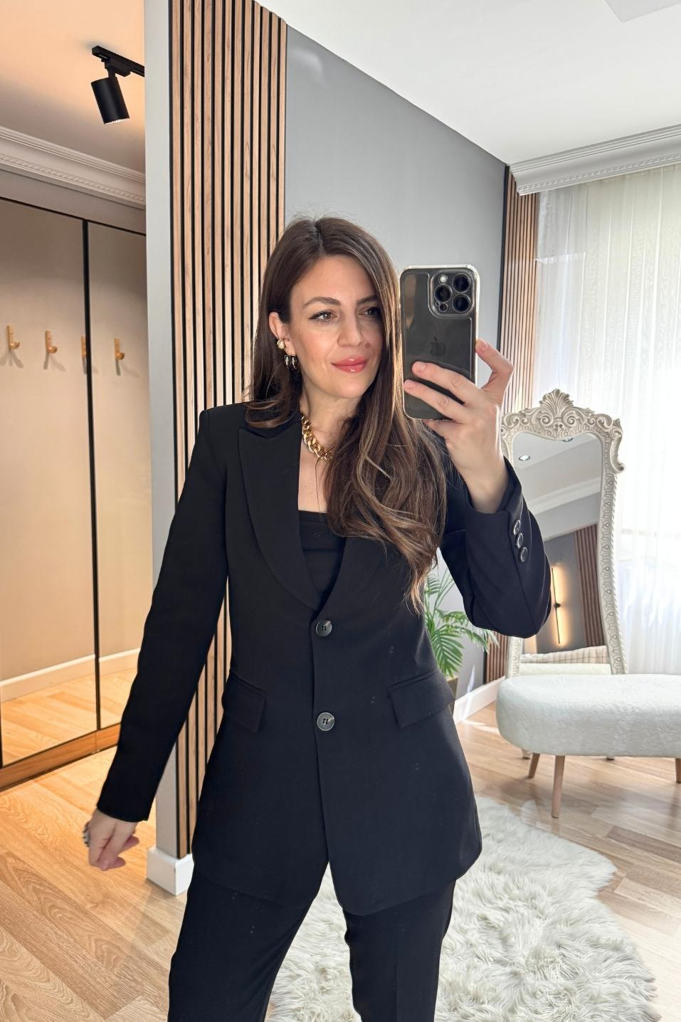 Belden Oturtmalı Astarlı Blazer Ceket Siyah