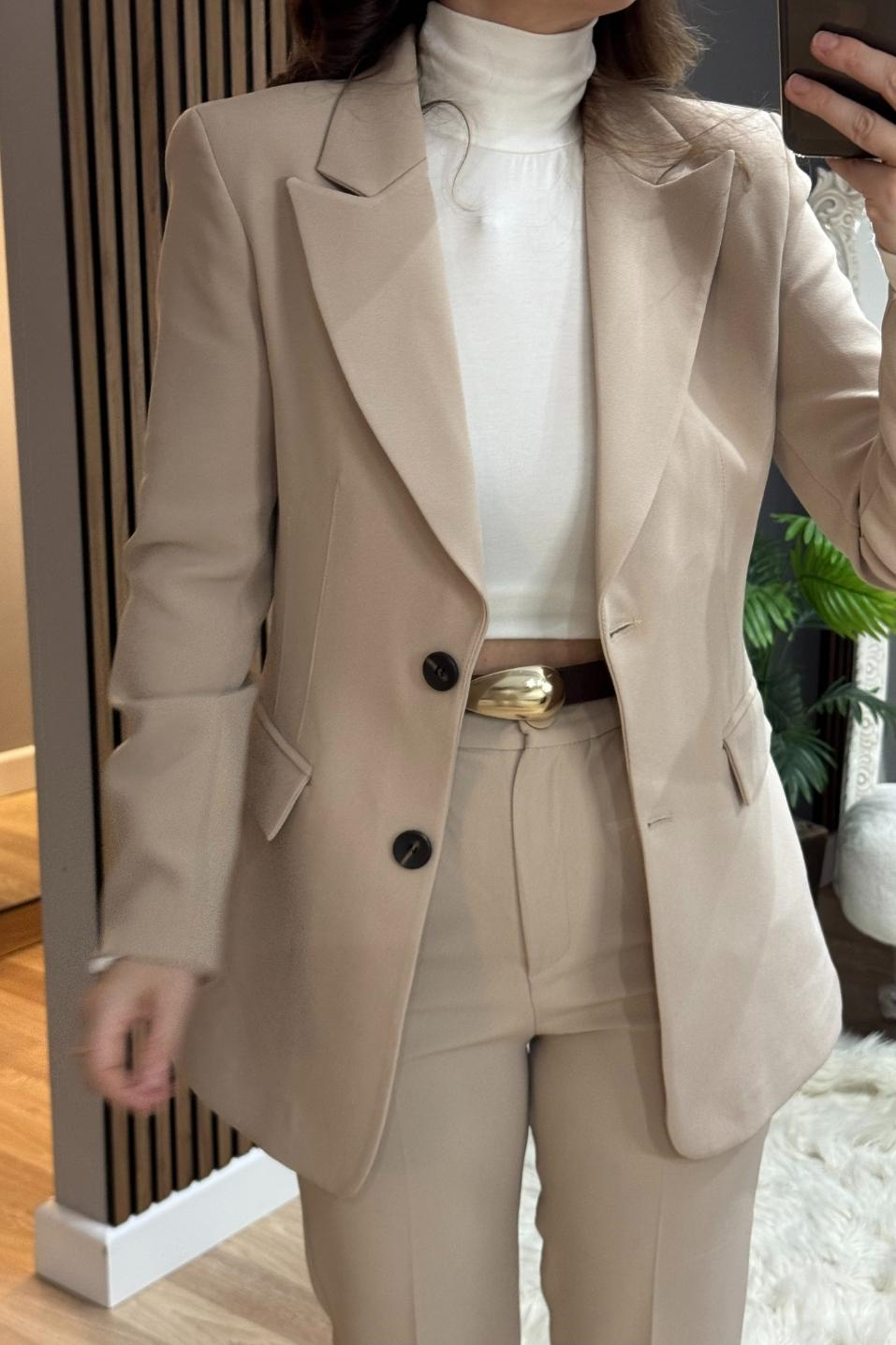 Belden Oturtmalı Astarlı Blazer Ceket Taş