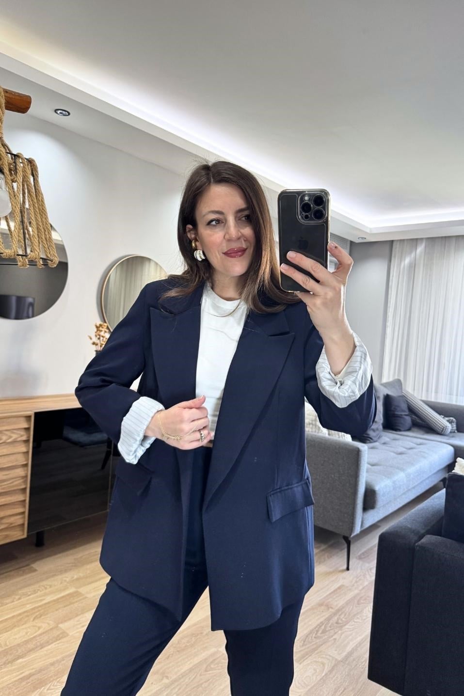 Kolu Katlamalı Astarlı Blazer Ceket Lacivert
