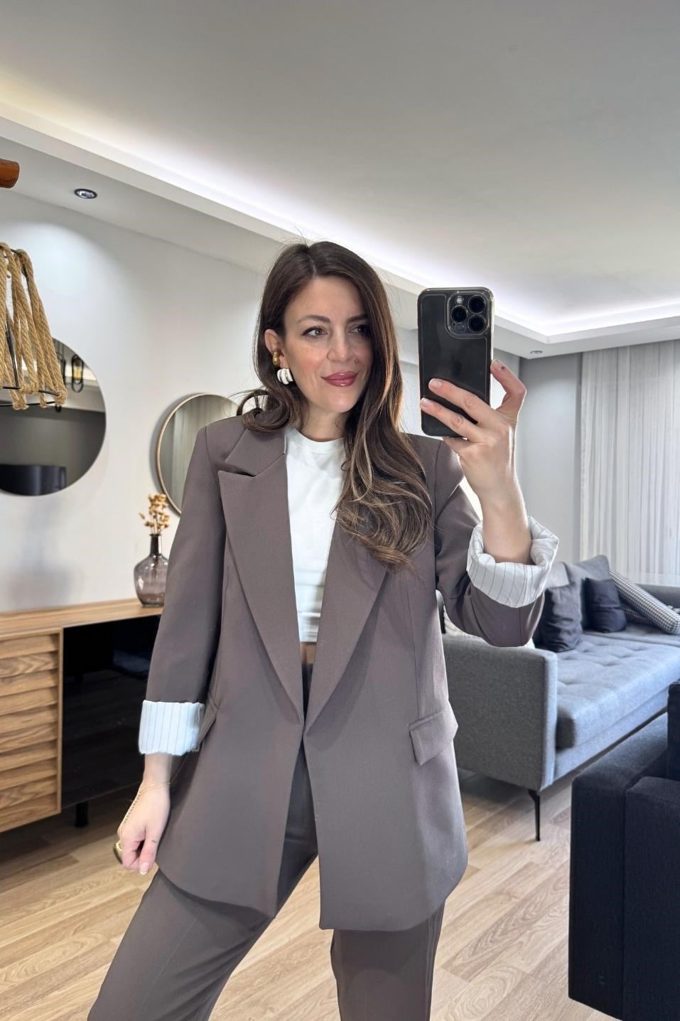 Kolu Katlamalı Astarlı Blazer Ceket Kahverengi