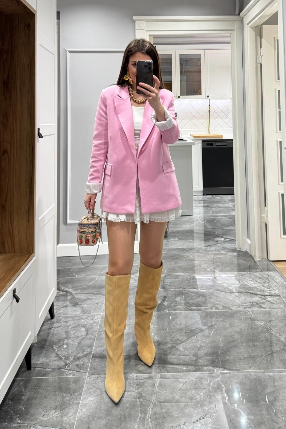 Kolu Katlamalı Astarlı Keten Ceket Pembe