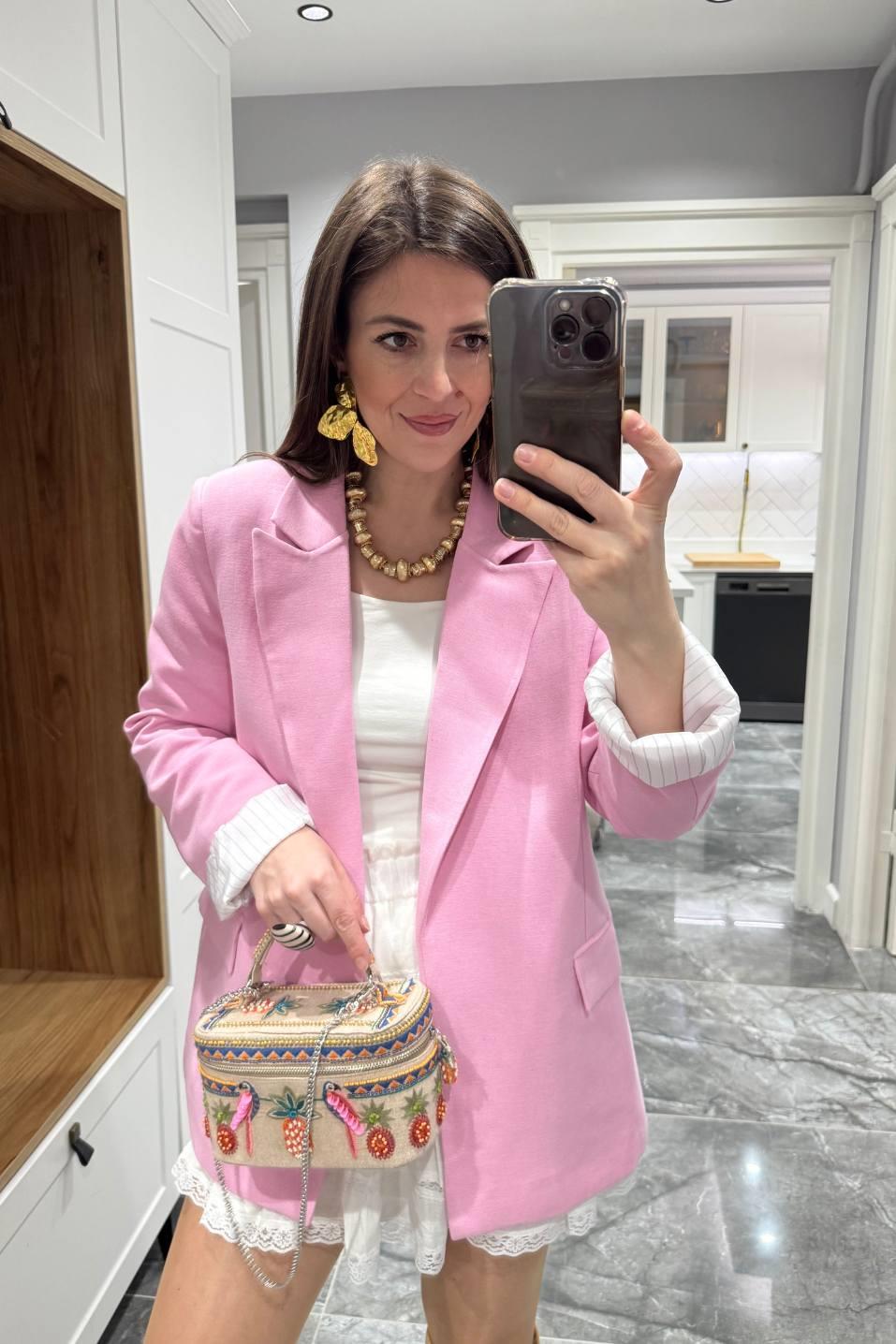 Kolu Katlamalı Astarlı Keten Ceket Pembe