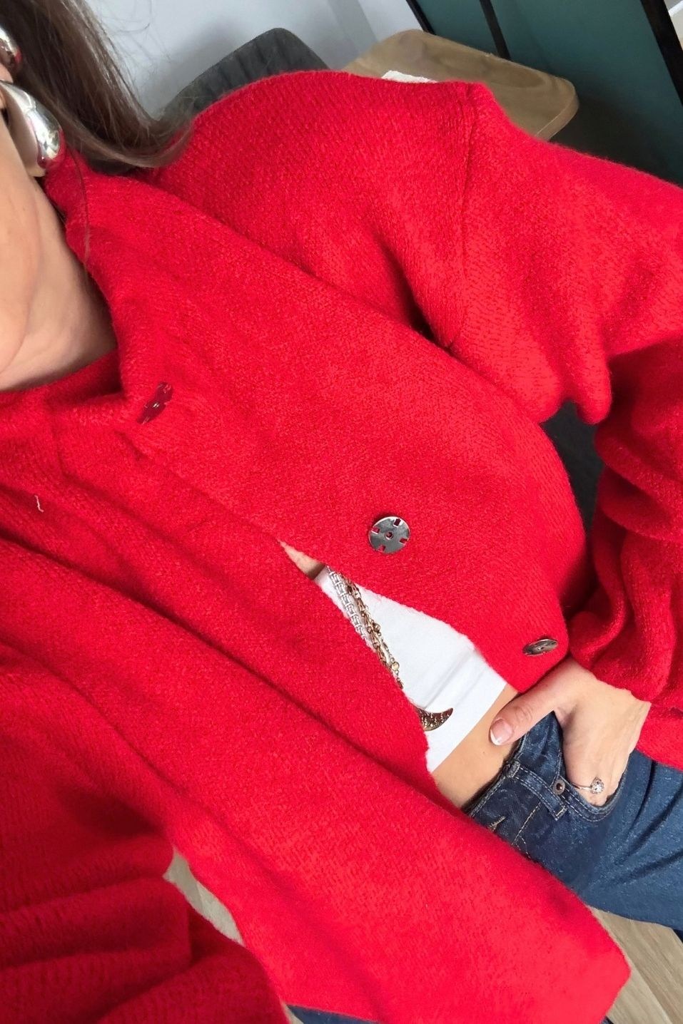 Nora Gizli Çıtçıtlı Triko Bomber Ceket Kırmızı