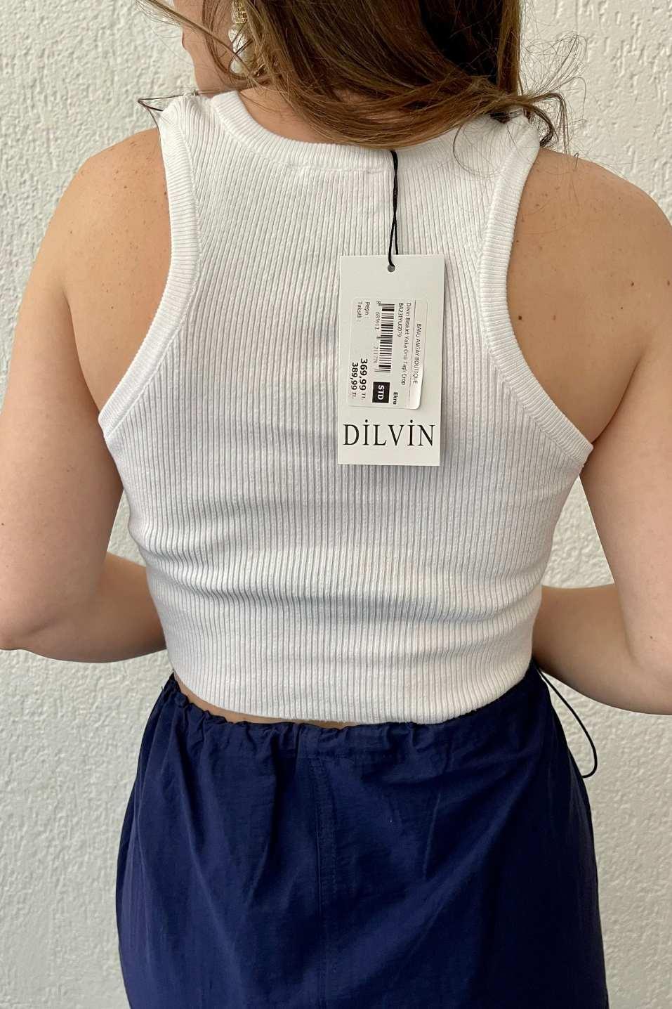 Dilvin Bisiklet Yaka Önü Taşlı Crop Ekru