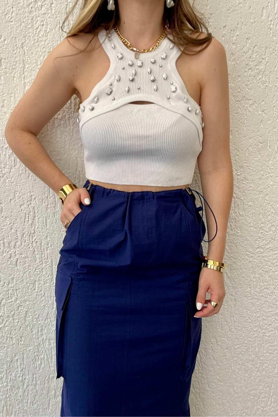 Dilvin Bisiklet Yaka Önü Taşlı Crop Ekru