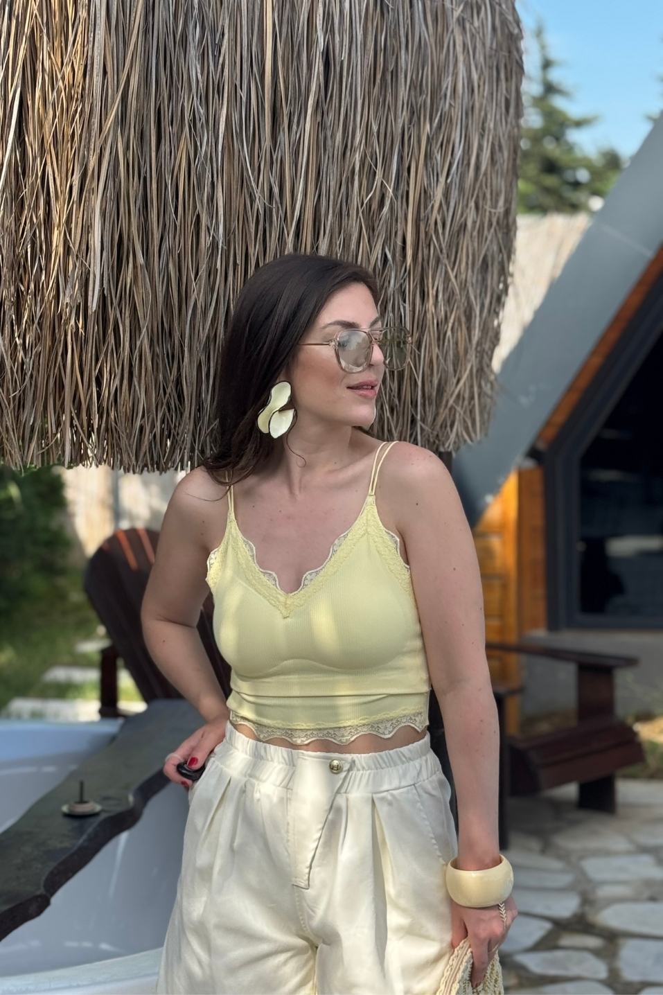 İp Askılı Dantel Detaylı Crop Bluz Sarı