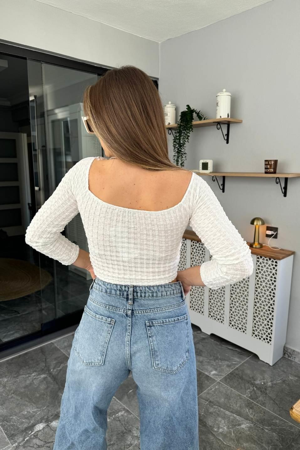Kabartma Desen Büzgülü Crop Ekru