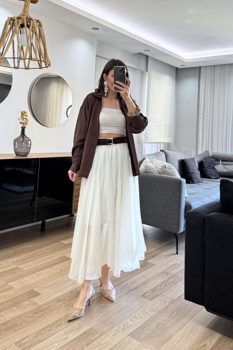 Arlena Asimetrik Maxi Etek Krem