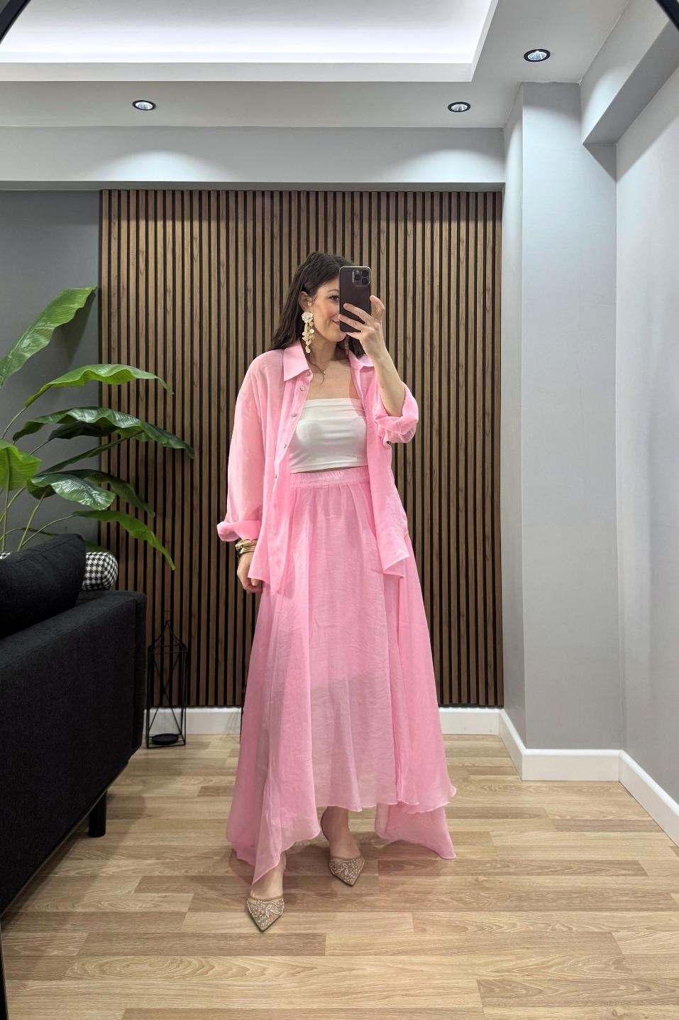 Asimetrik Kesim İpeksi Dokulu Astarlı Etek Pembe