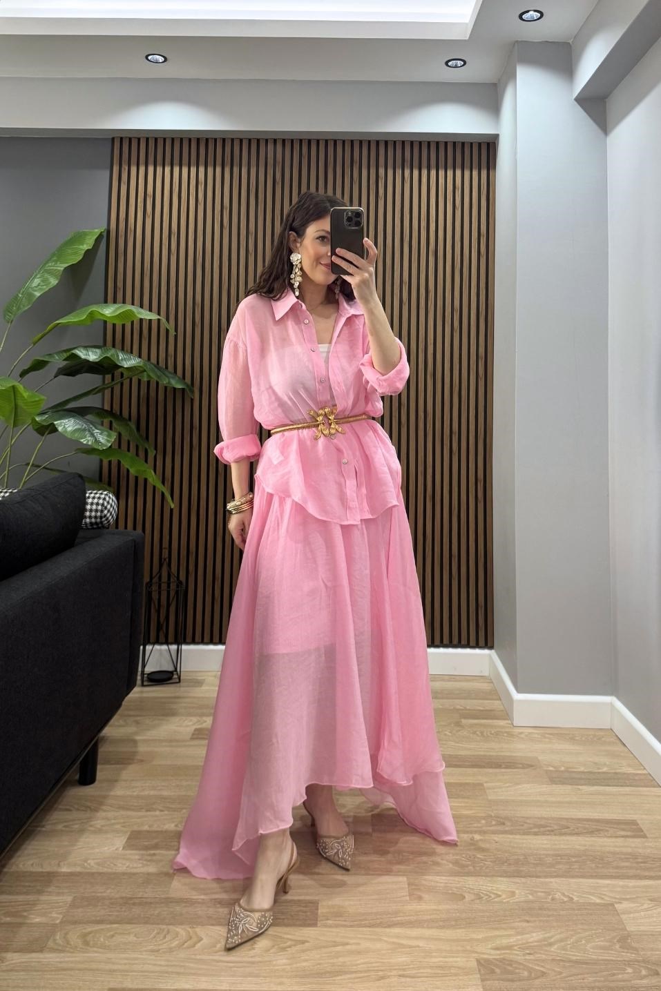 Asimetrik Kesim İpeksi Dokulu Astarlı Etek Pembe
