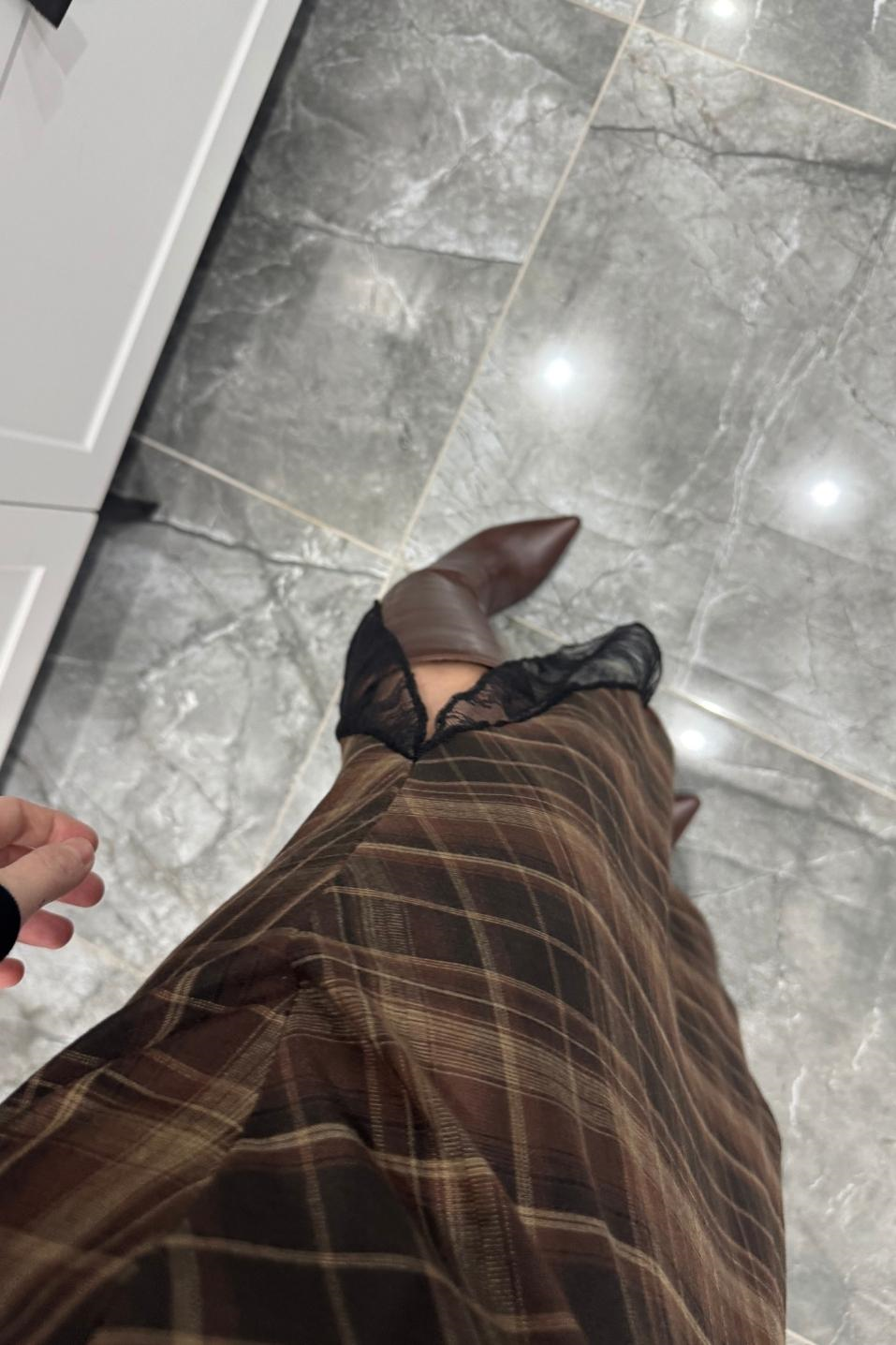 Dantel Detaylı Ekose Etek Kahverengi