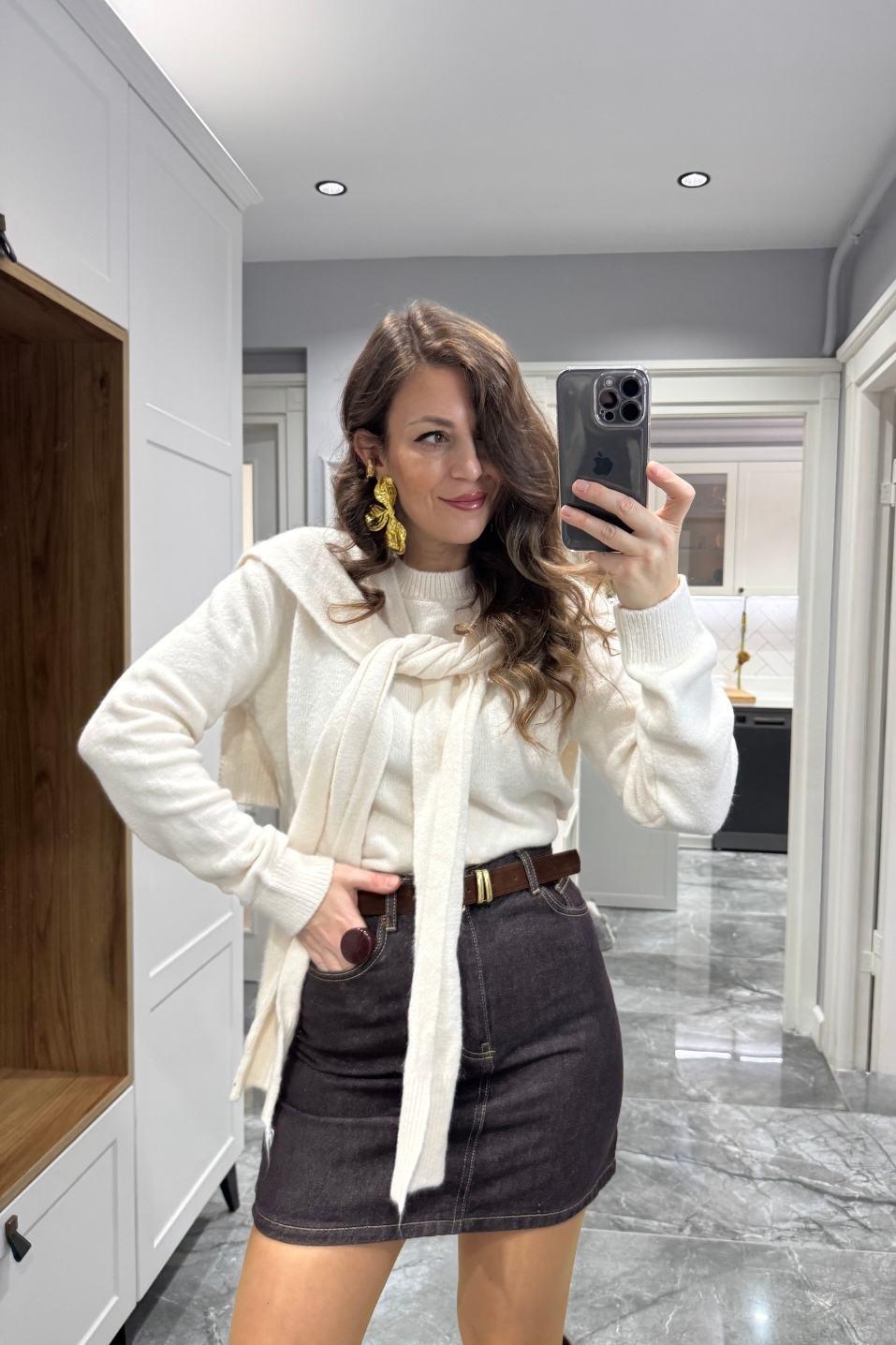 Denim Kemerli Mini Etek Kahverengi