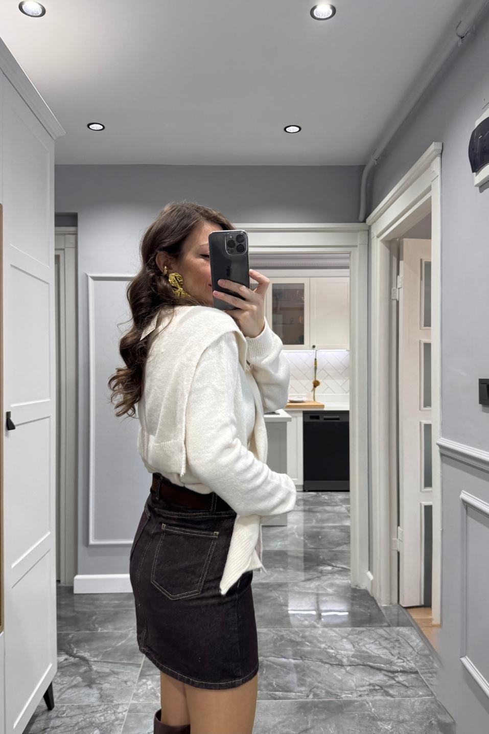 Denim Kemerli Mini Etek Kahverengi