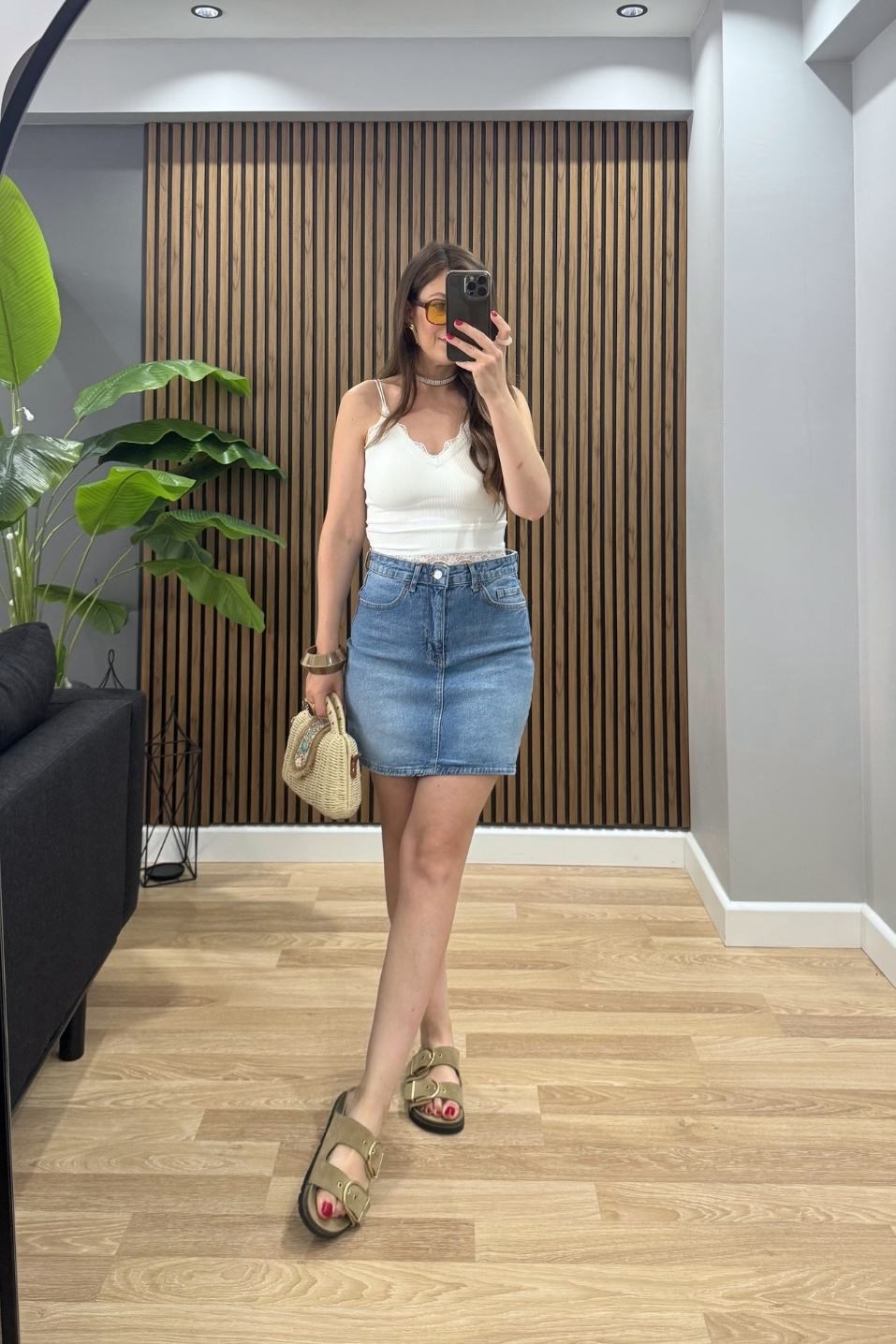 Denim Mini Etek Taşlanmış Mavi