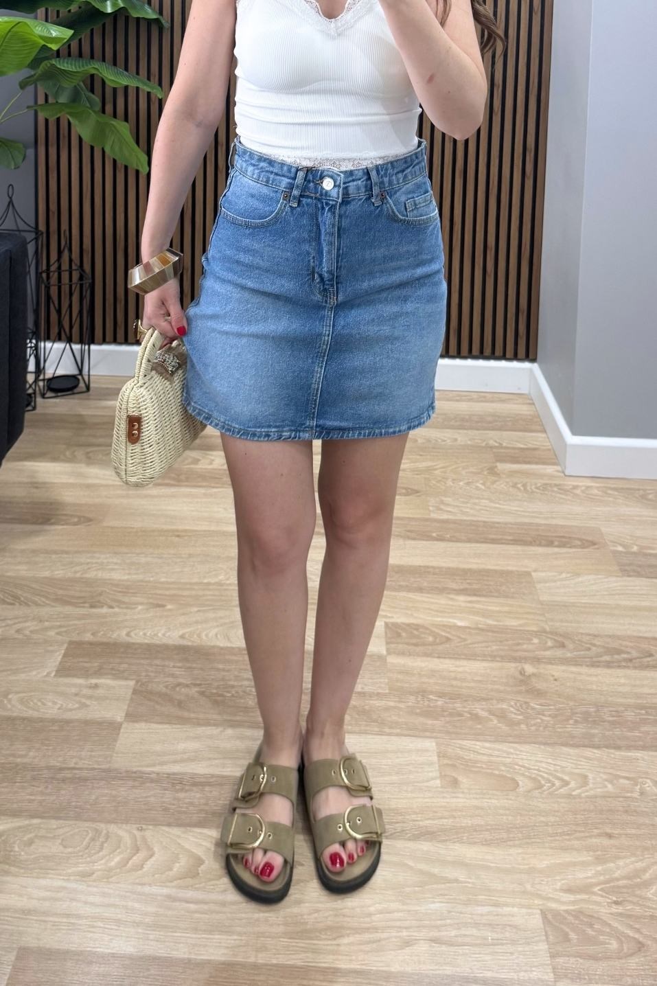 Denim Mini Etek Taşlanmış Mavi