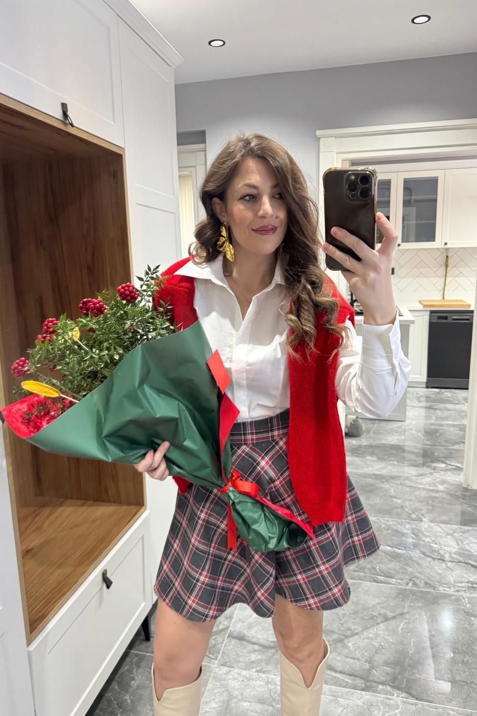Ekose Mini Etek Kırmızı-Antrasit