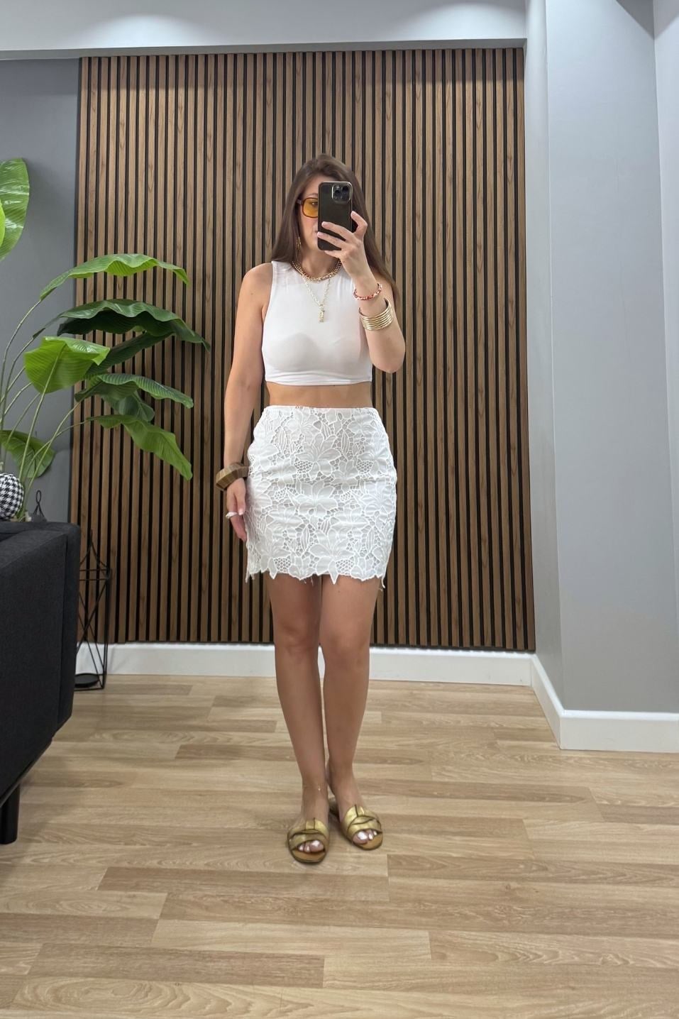 Floral Dantel Mini Etek Beyaz