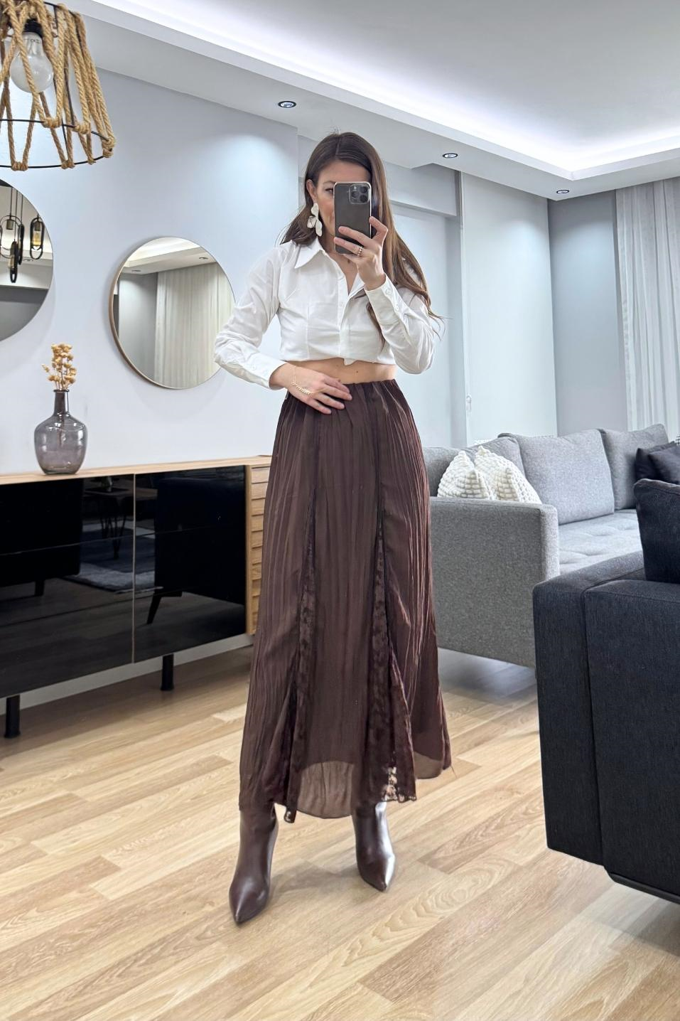 EtekGüpürlü Godeli Premium Etek Kahverengi