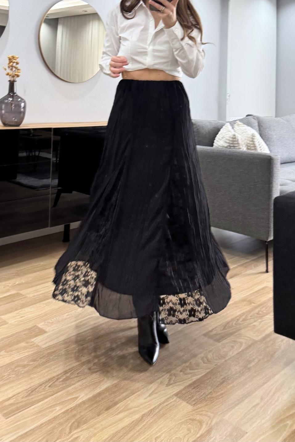 Güpürlü Godeli Premium Etek Siyah