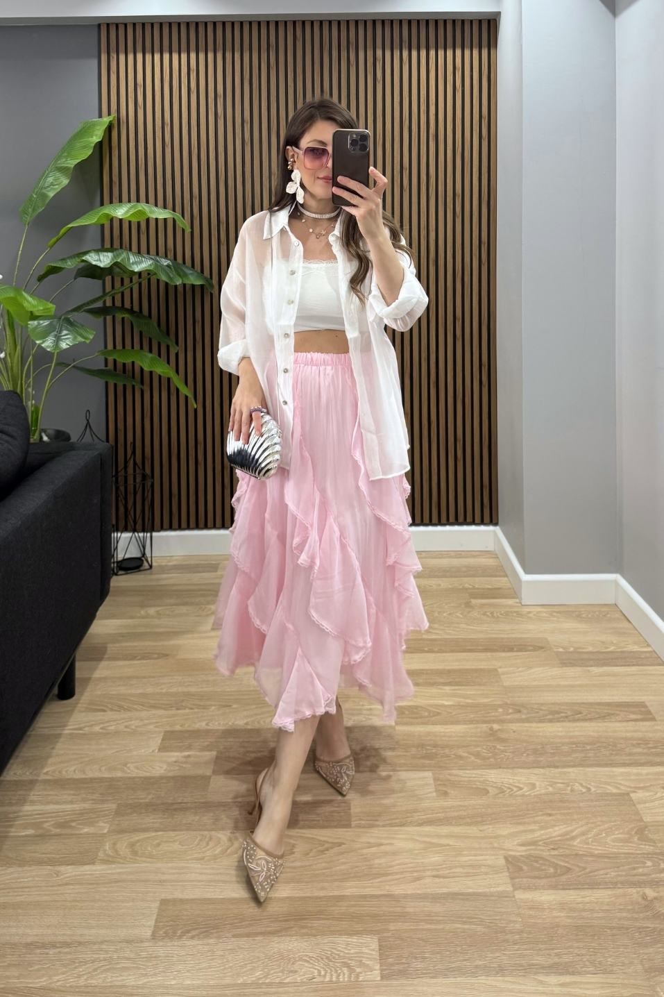 Kat Kat Dantel Detay Etek Pembe