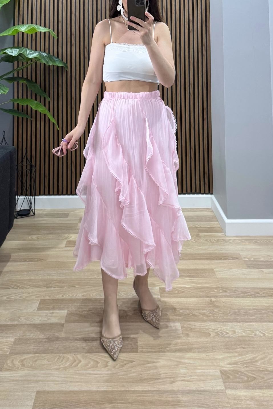Kat Kat Dantel Detay Etek Pembe