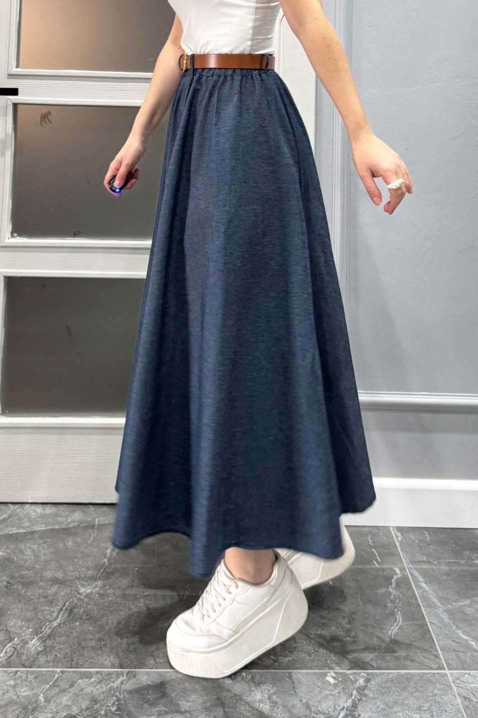 Kemerli Tencel Denim Etek Lacivert