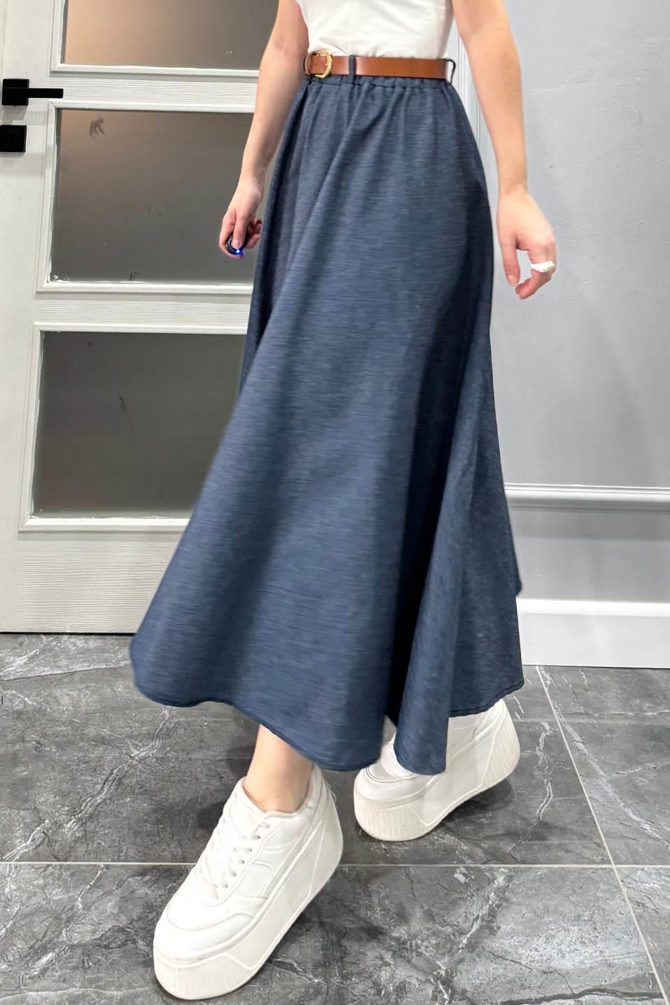 Kemerli Tencel Denim Etek Lacivert