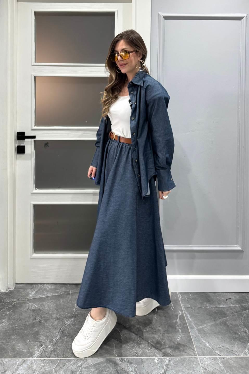 Kemerli Tencel Denim Etek Lacivert