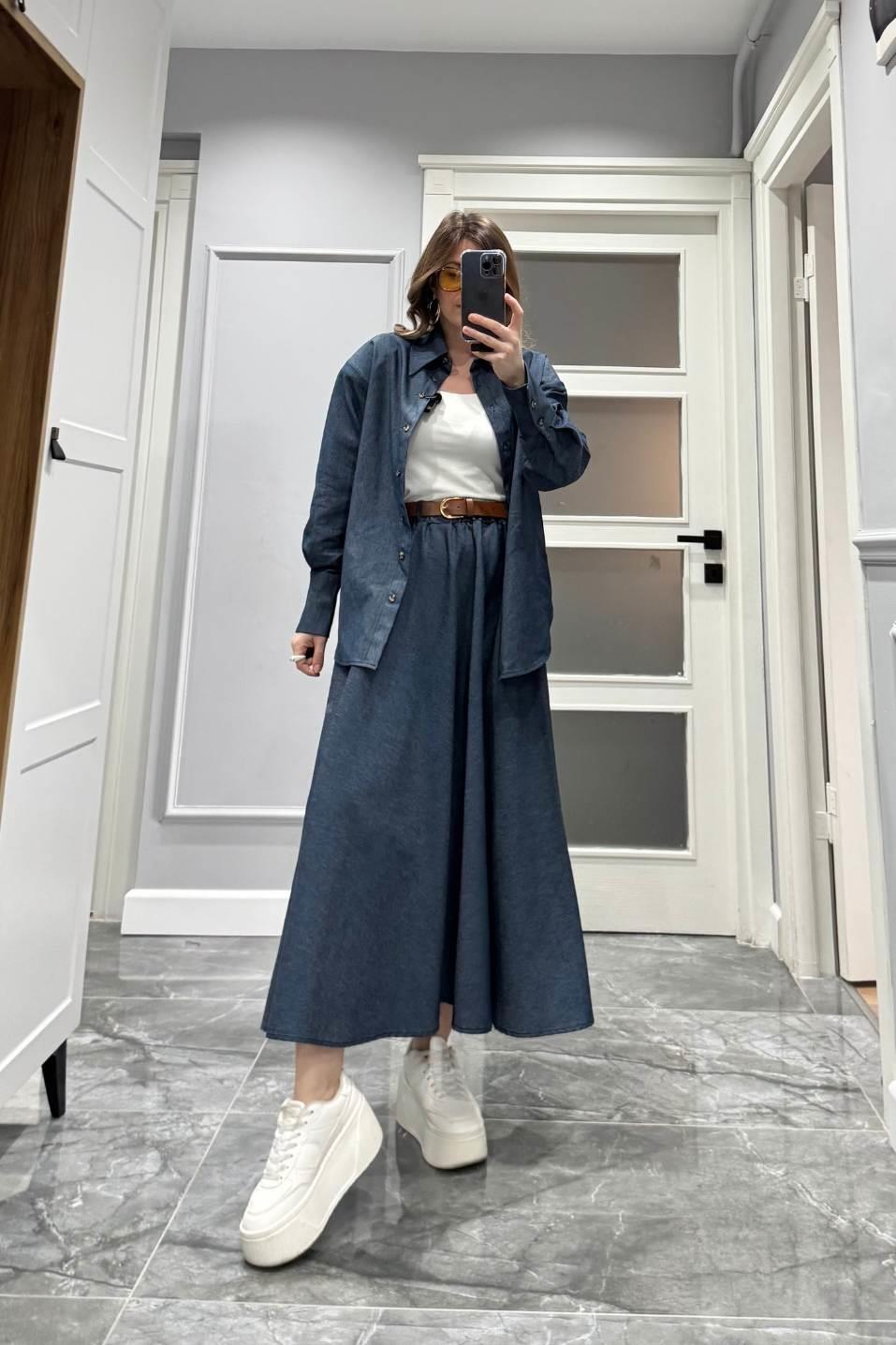Kemerli Tencel Denim Etek Lacivert