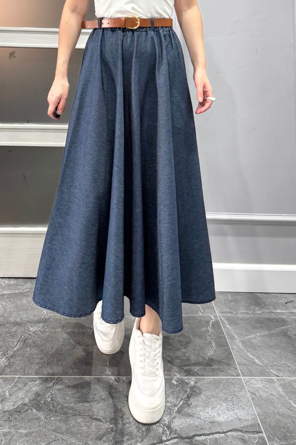 Kemerli Tencel Denim Etek Lacivert