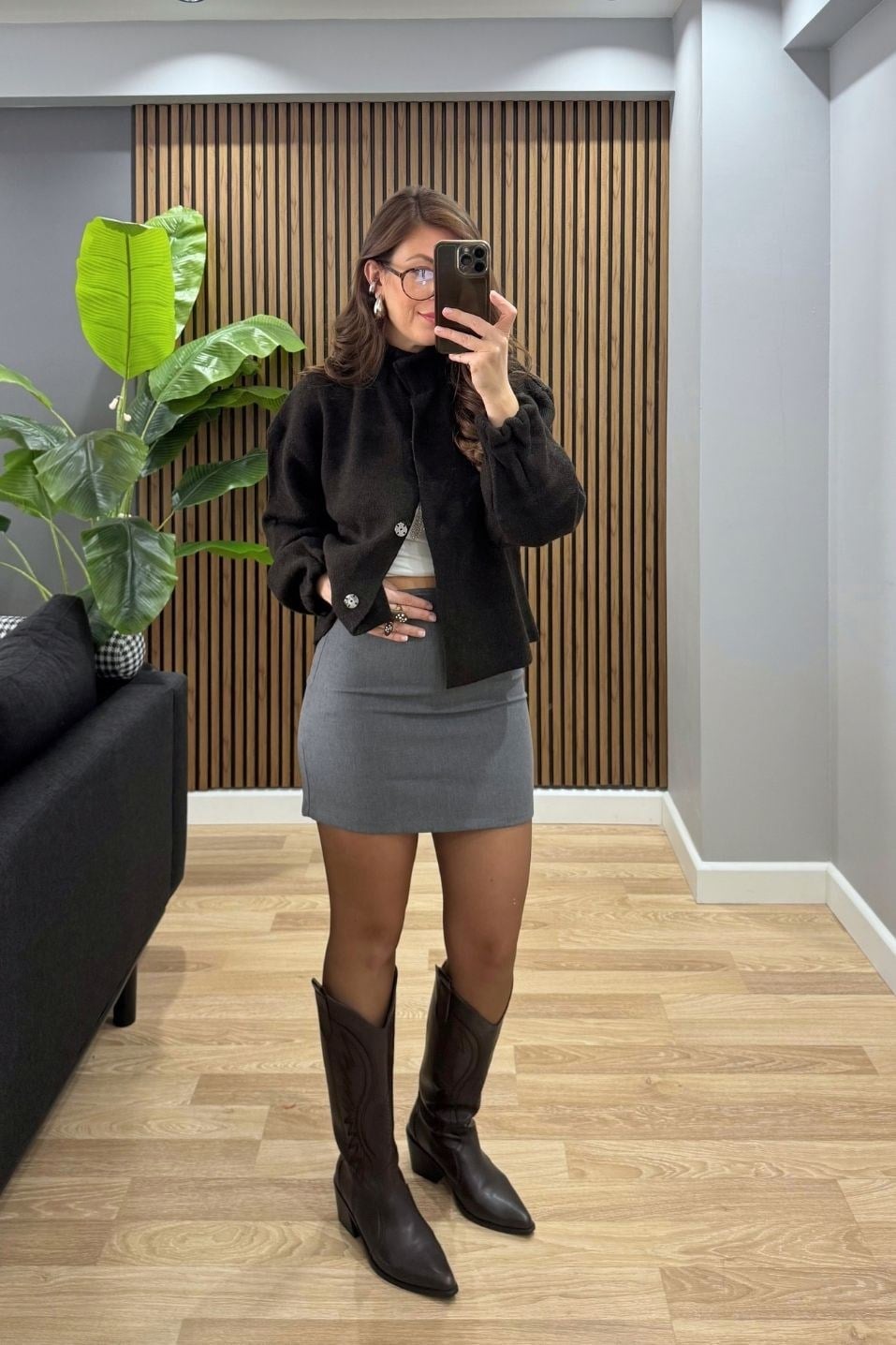 Kumaş Mini Etek Gri