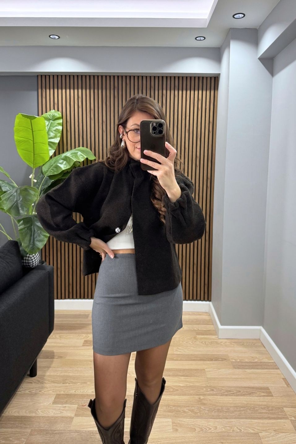 Kumaş Mini Etek Gri