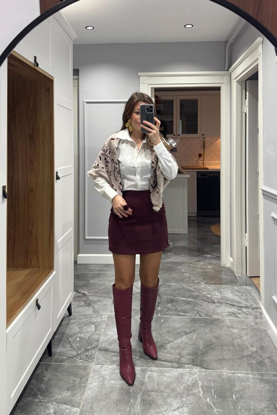 Kumaş Mini Etek Mürdüm