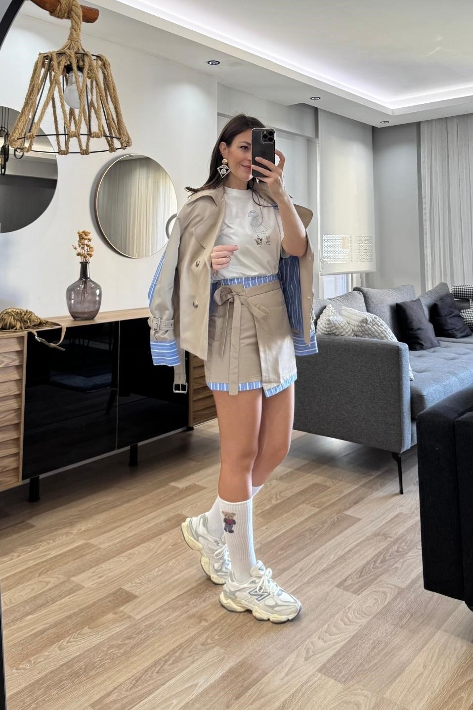 Matchli Asimetrik Mini Etek Bej