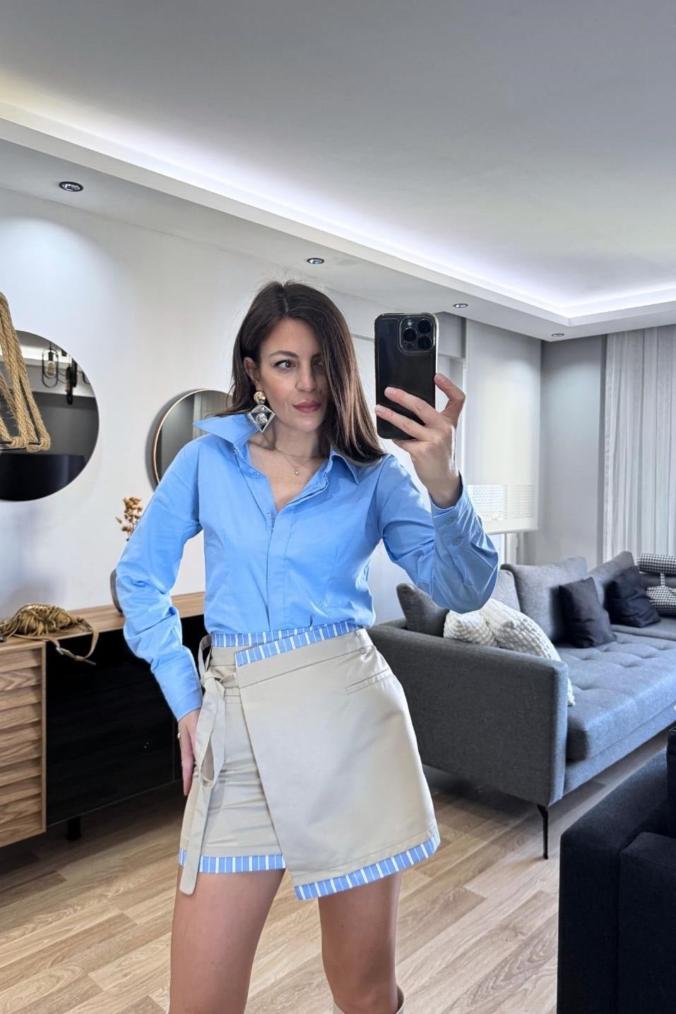 Matchli Asimetrik Mini Etek Bej