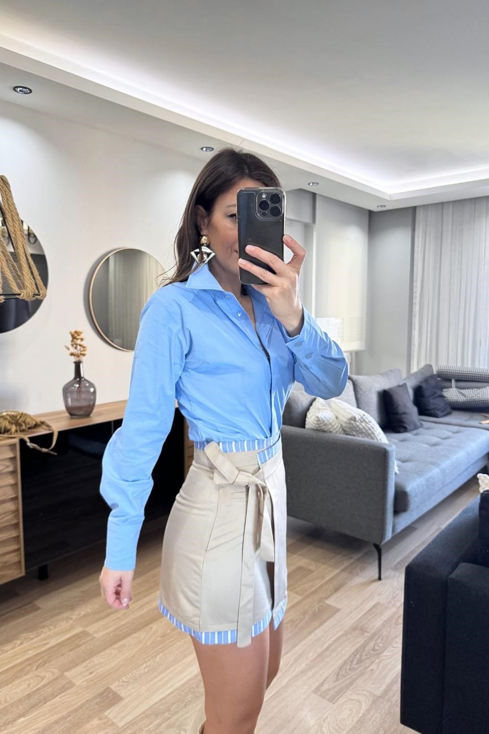 Matchli Asimetrik Mini Etek Bej