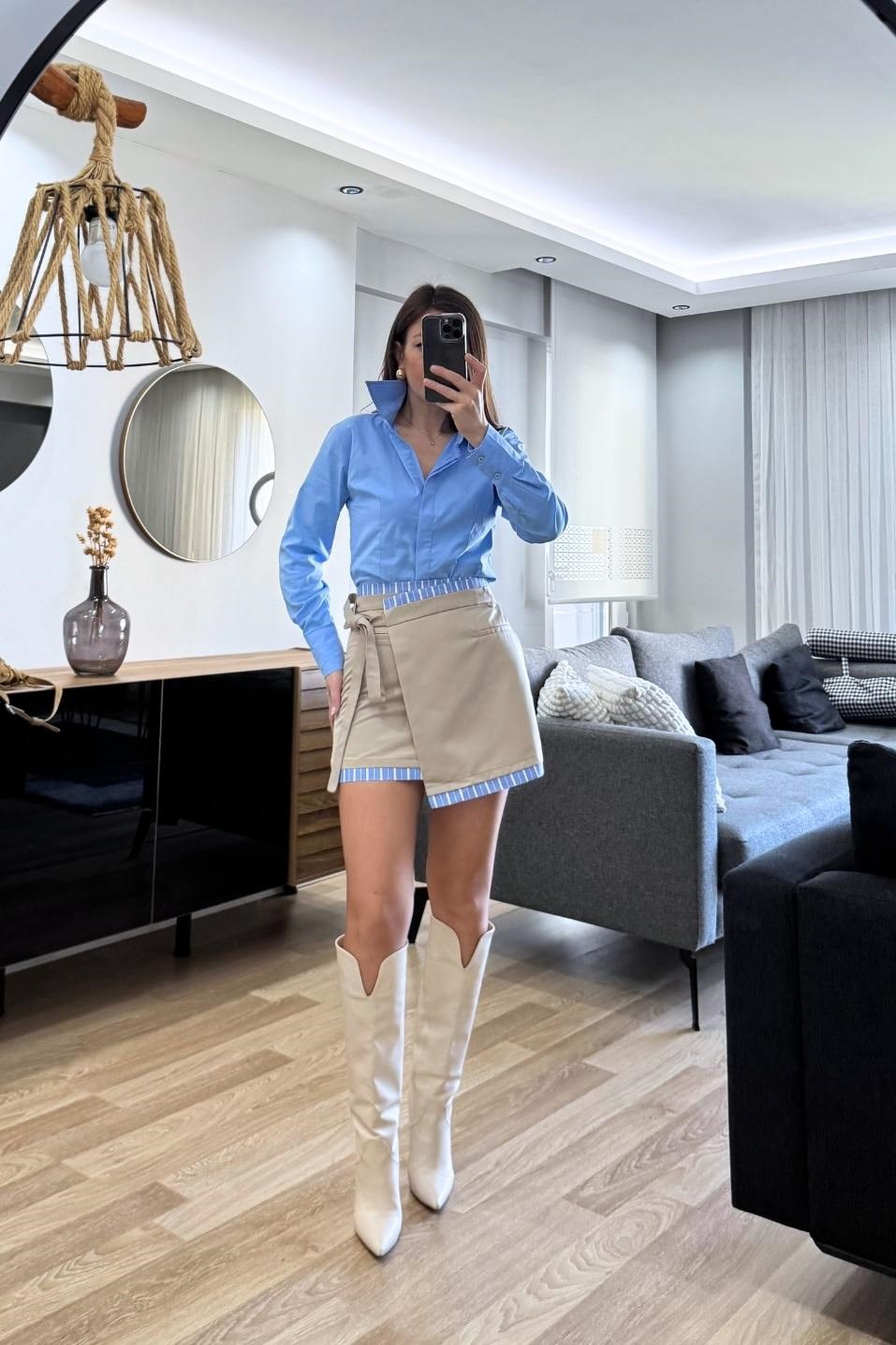 Matchli Asimetrik Mini Etek Bej