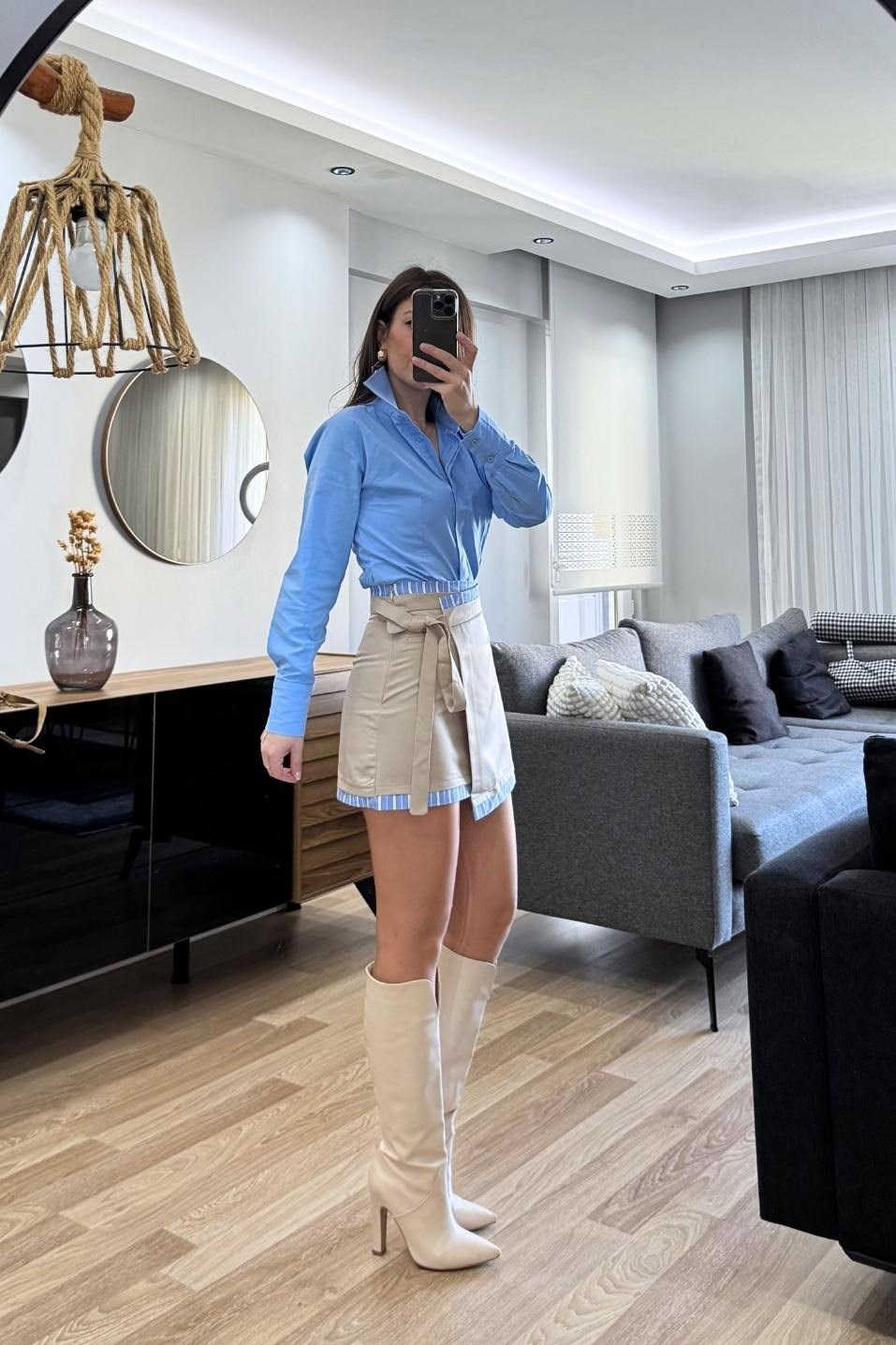 Matchli Asimetrik Mini Etek Bej