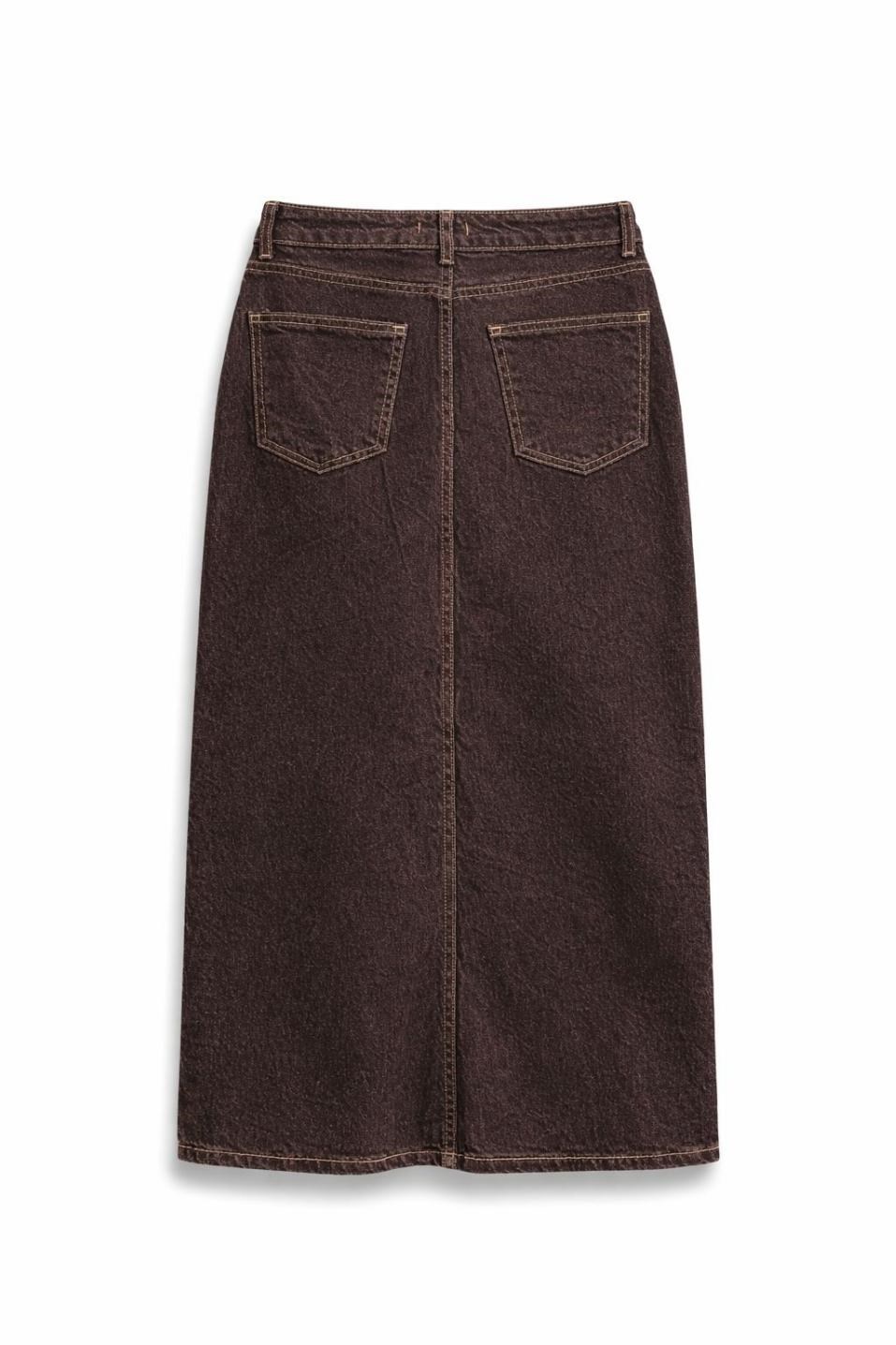 Önden Yırtmaçlı Denim Etek Kahverengi
