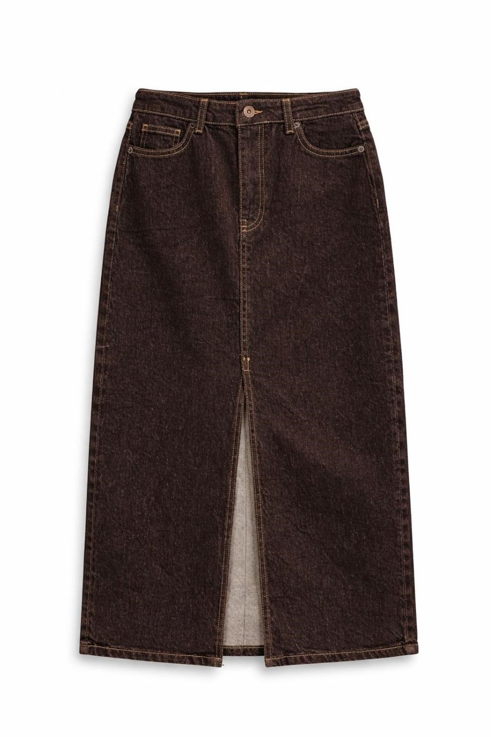 Önden Yırtmaçlı Denim Etek Kahverengi