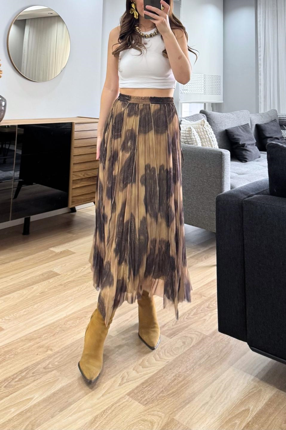 Şal Desenli Kırışık Efekt Asimetrik Etek Bej