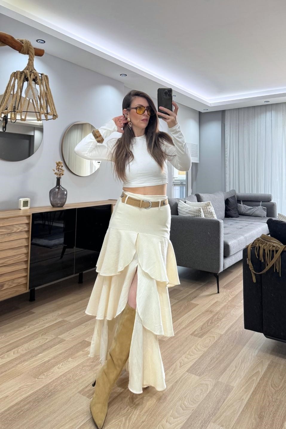 Savana Bohem Katlı Maxi Etek Ekru